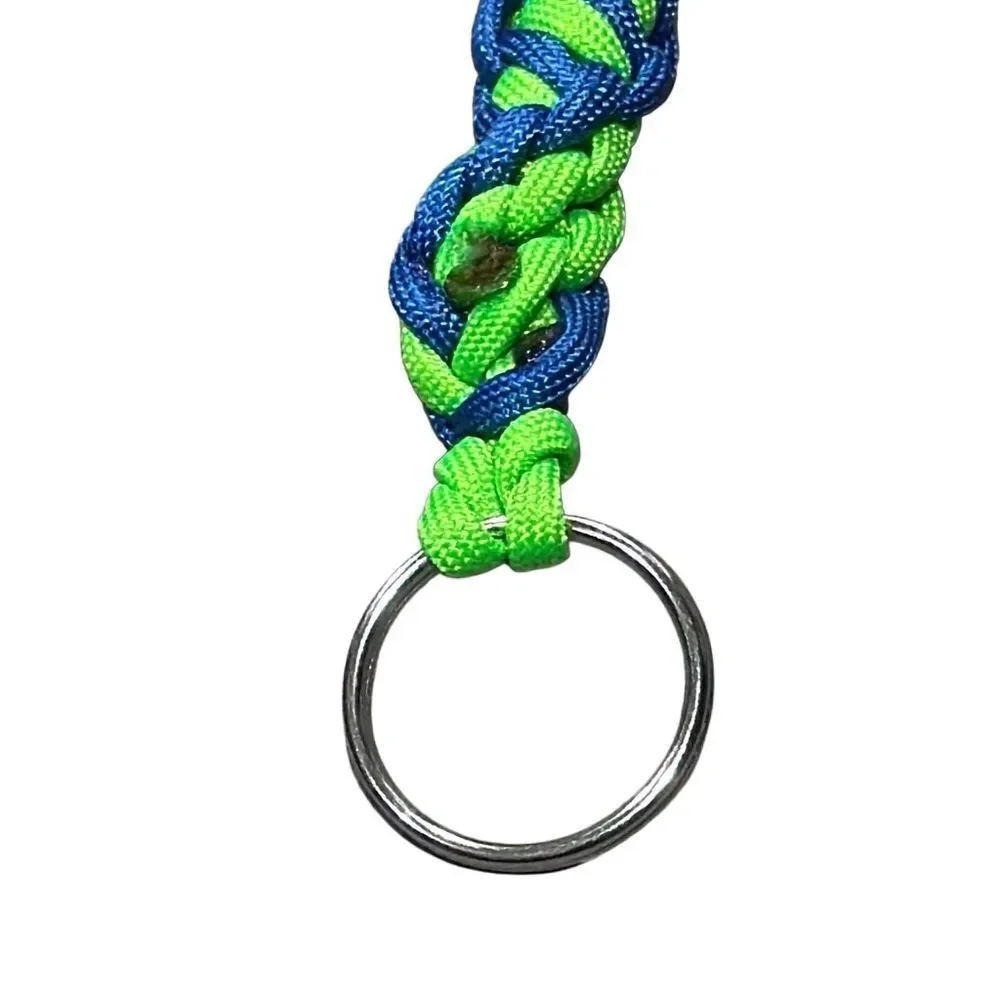 Handmade paracord keychain in a cobra knot DNA pattern